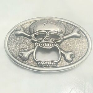Skull & Crossbones Novelty Belt Buckle – Built-in Bottle Opener – Silver Tone